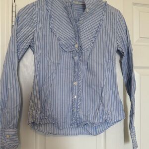 J. Crew Light Blue and White Striped Ruffle Collar Button-Down